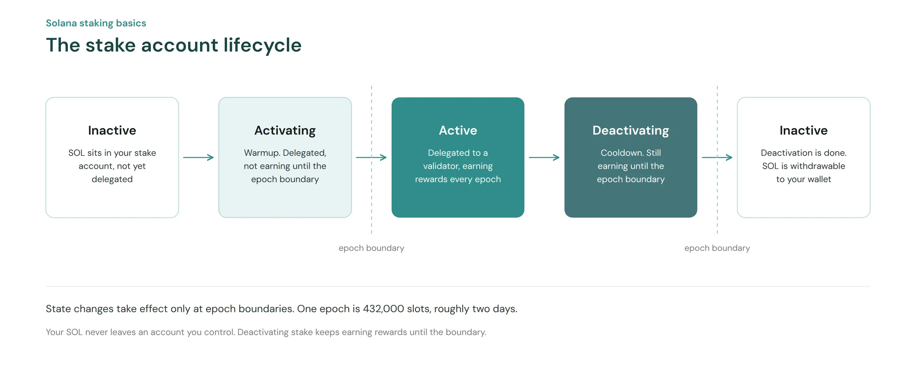 The Solana stake account lifecycle: inactive, activating, active, deactivating, and back to inactive, with state changes taking effect only at epoch boundaries