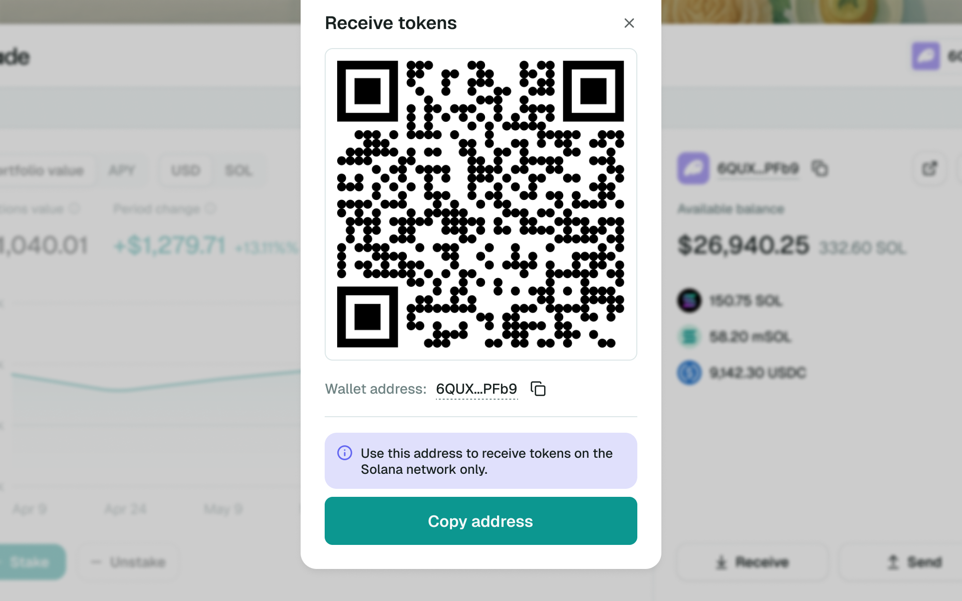 In-app send and receive flow for any Solana address
